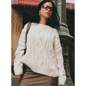 Princess Polly Anaya Oversized Cable Knit Sweater Autumn Vibes Beige Size 16